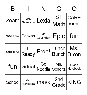 2nd Grade Bingo Card