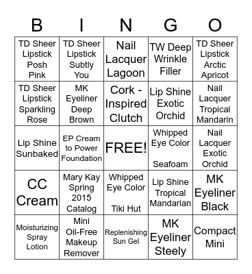 Mary Kay Bingo  *Paradise Calling * Spring 2015 Bingo Card