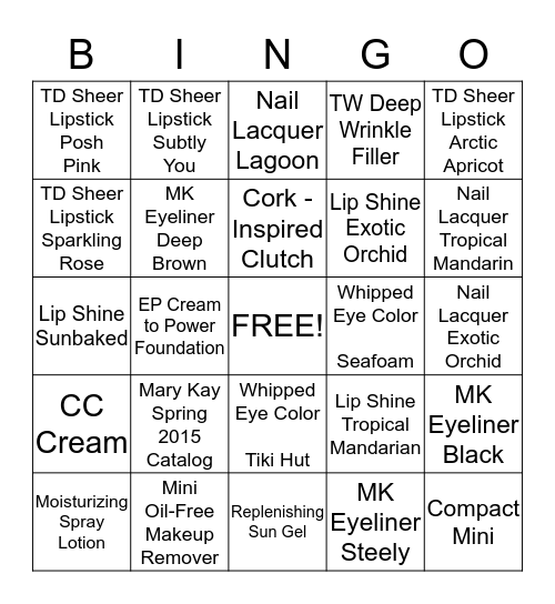 Mary Kay Bingo  *Paradise Calling * Spring 2015 Bingo Card