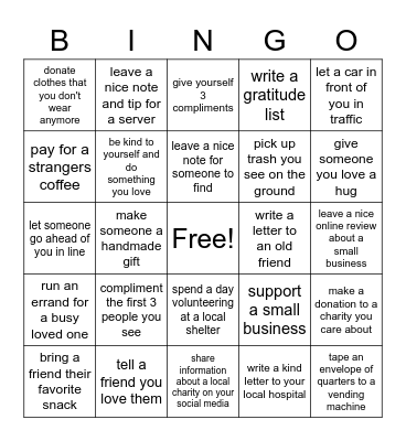 Week of Kindness Bingo Card