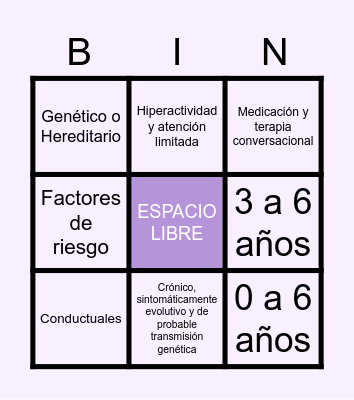 TDAH Bingo Card