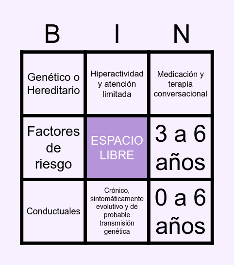 TDAH Bingo Card