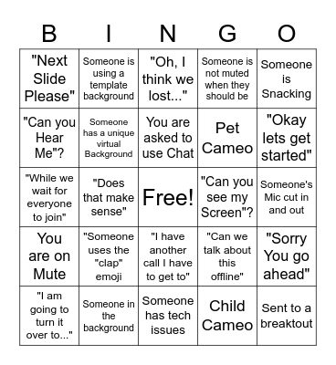 Zoom Meeting Bingo Card