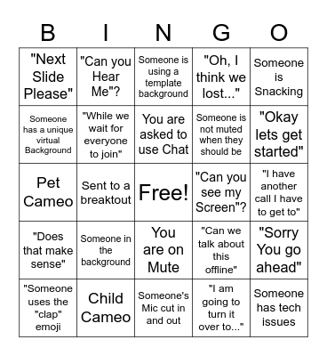 Zoom Meeting Bingo Card