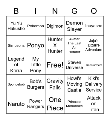 Anime Bingo Card