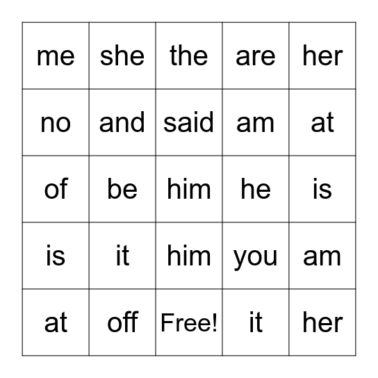 Sight words TGTB Bingo Card