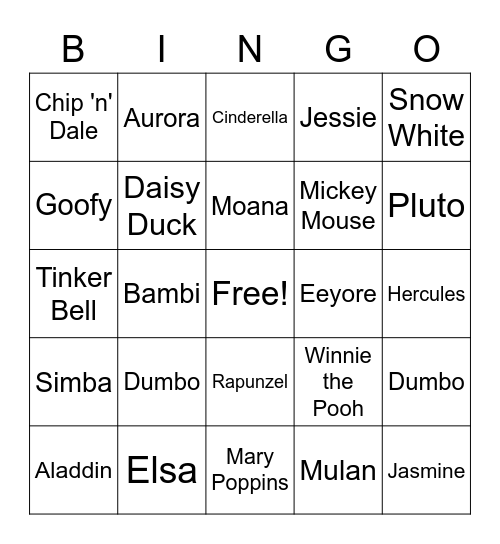 Disney Characters Bingo Card