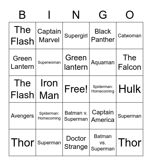 DC and Marvel Bingo Card