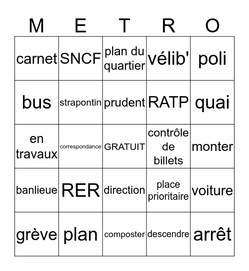 Paris Metro Bingo Card