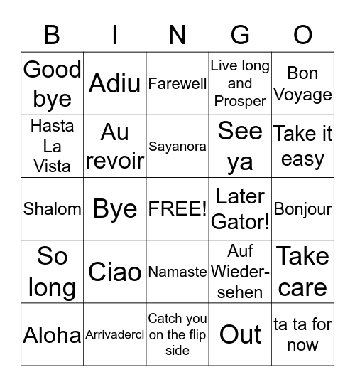 Goodbye Bingo Card