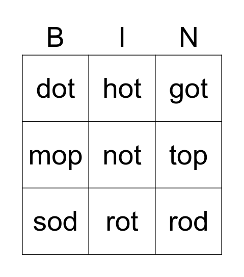 Short o Bingo Card