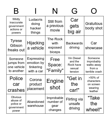 The Fast and the Furious Bingo Card