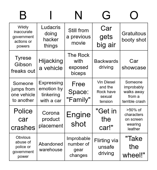 The Fast and the Furious Bingo Card