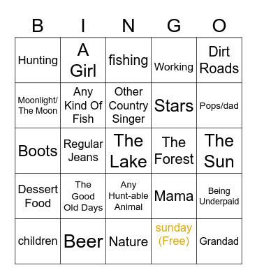 Country Song Bingo Card