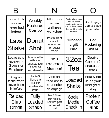 Nutrition Club Bingo Card