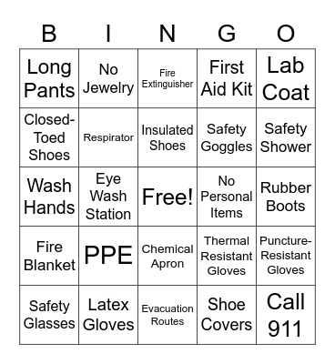 Lab Safety Personal Protection Bingo Card