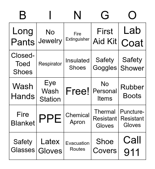 Lab Safety Personal Protection Bingo Card