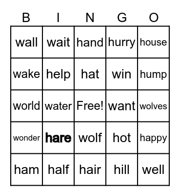 words of 'h' and 'w' Bingo Card