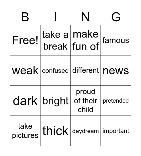 THC5 U6 Vocabularies Bingo Card