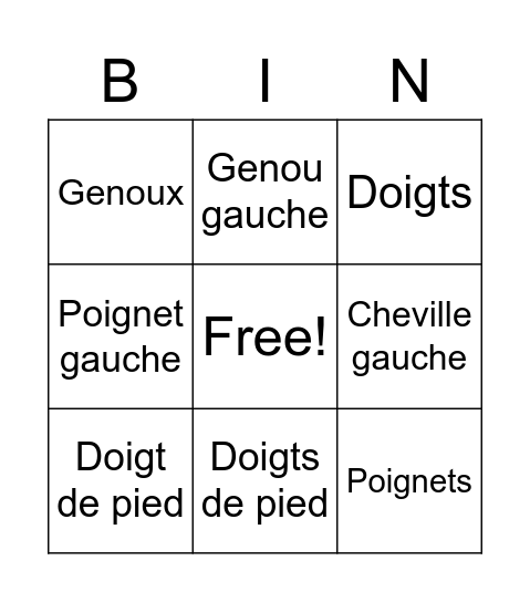 Entorses Bingo Card