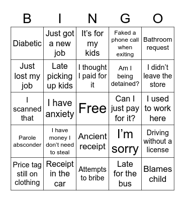 Shoplifter Bingo Card
