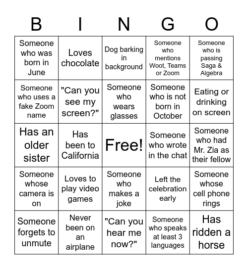 End-Of-Year Saga Celebration BINGO Card