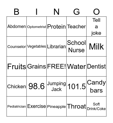 Keeping Your Body Healthy Bingo Card