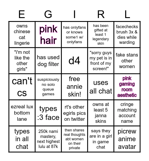 e-girl bingo Card