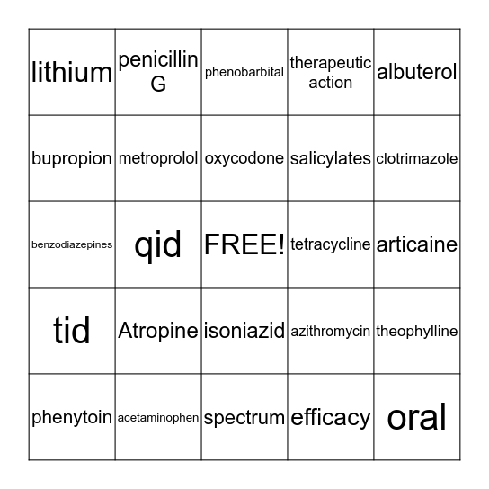 Drug-o Bingo Card