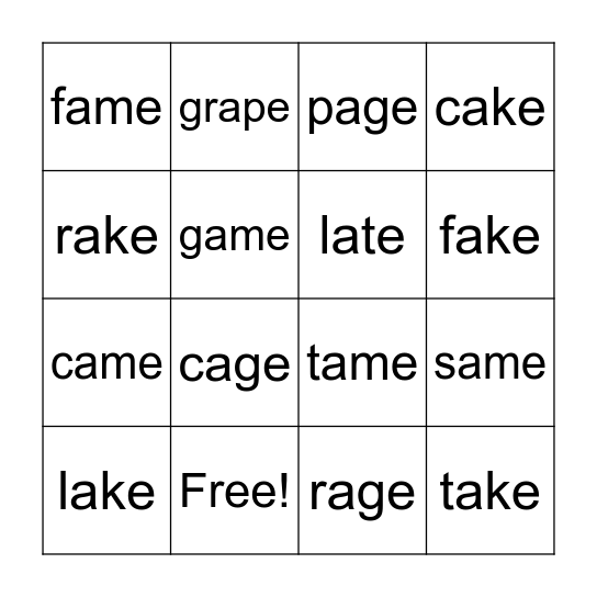 Long a - magic e Bingo Card