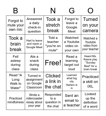 Last Day of School Bingo Card