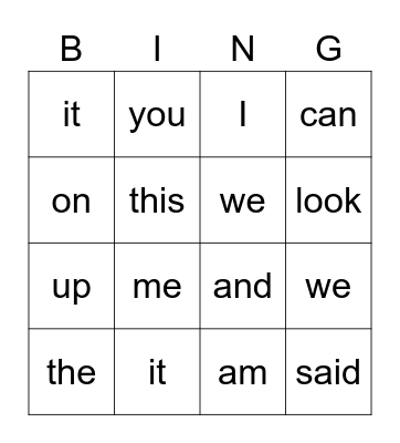 Sight Words Bingo Card