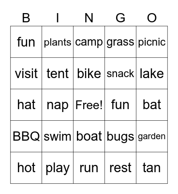 Summer Words Bingo Card