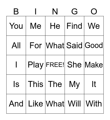 Sight Words Bingo Card