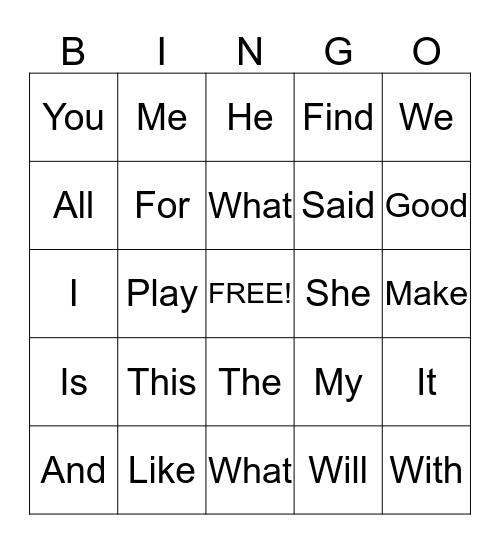 Sight Words Bingo Card