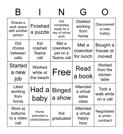 Work from Home Bingo Card