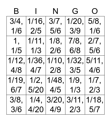 Fraction Bingo Card