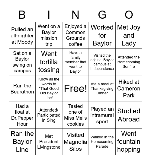 Baylor Bingo! Bingo Card
