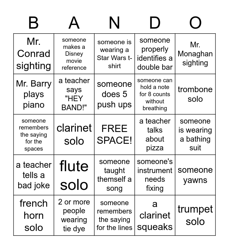 SUMMER BAND CAMP Bingo Card