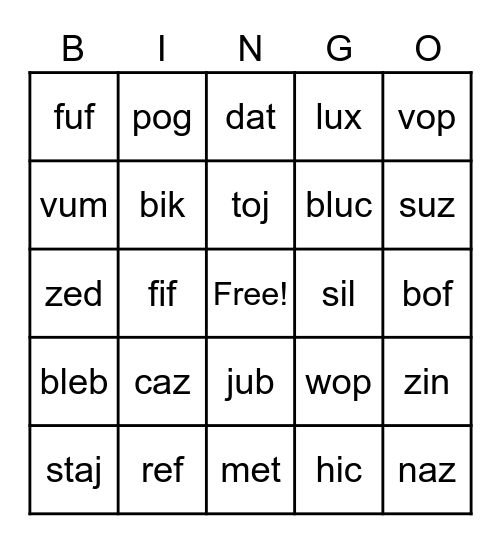 nonsense words Bingo Card