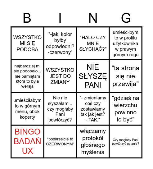 Bingo badań UX Bingo Card