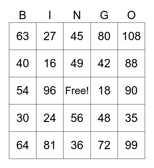 Multiplication Tables 8's and 9's Bingo Card