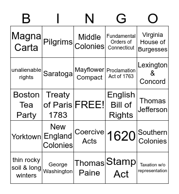 Colonial & Revolution Bingo Card