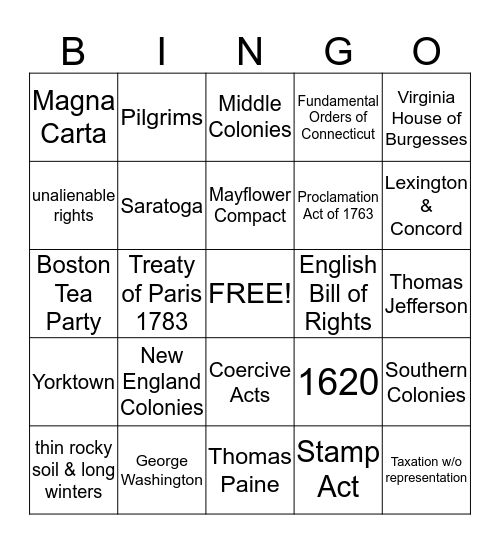 Colonial & Revolution Bingo Card