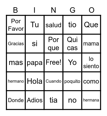 Spanish week 1 Bingo Card