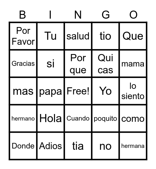 Spanish week 1 Bingo Card