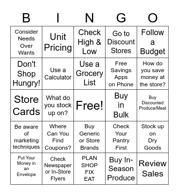 Save Money on Food Bingo Card