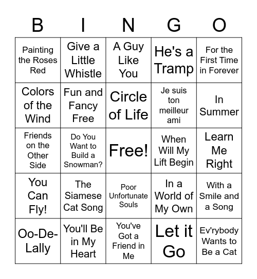 Disney Songs Bingo Card