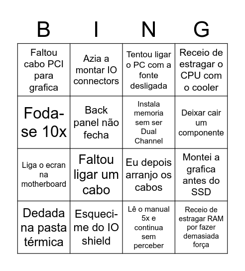 PC Building Bingo Card