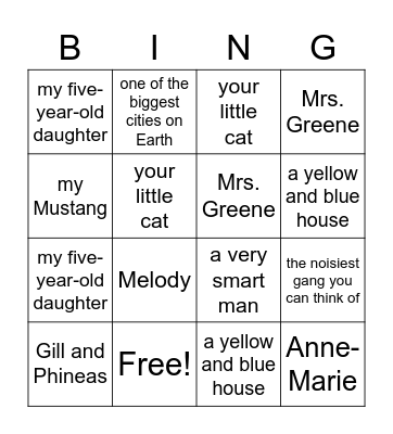 Appositive Bingo Card